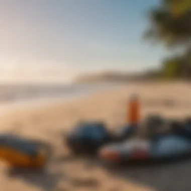 Essential kitesurfing gear displayed on the beach, highlighting the equipment needed for an optimal experience