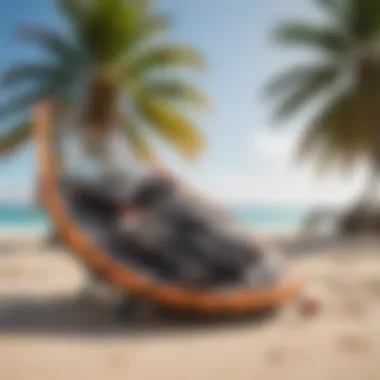 Kitesurfing gear laid out on a sandy beach with palm trees in the background