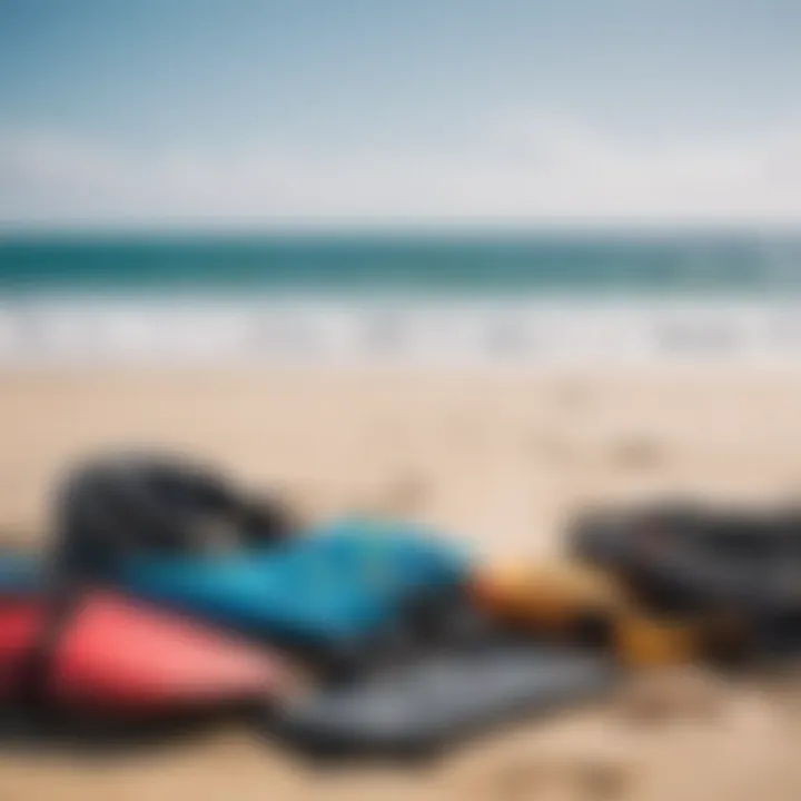 A variety of kitesurfing equipment laid out on a beach