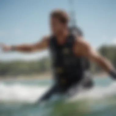 Dynamic shot of a kiteboarder wearing Liquid Force vest in action