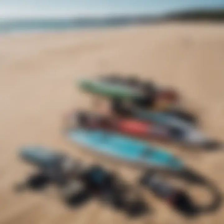 An array of essential kiteboarding gear laid out on the beach, including kites, boards, and harnesses.