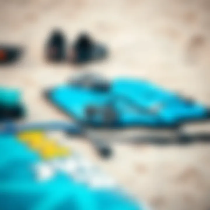 Kiteboarding safety gear laid out on a sandy beach