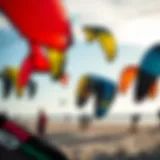 Variety of trainer kites displayed on the beach