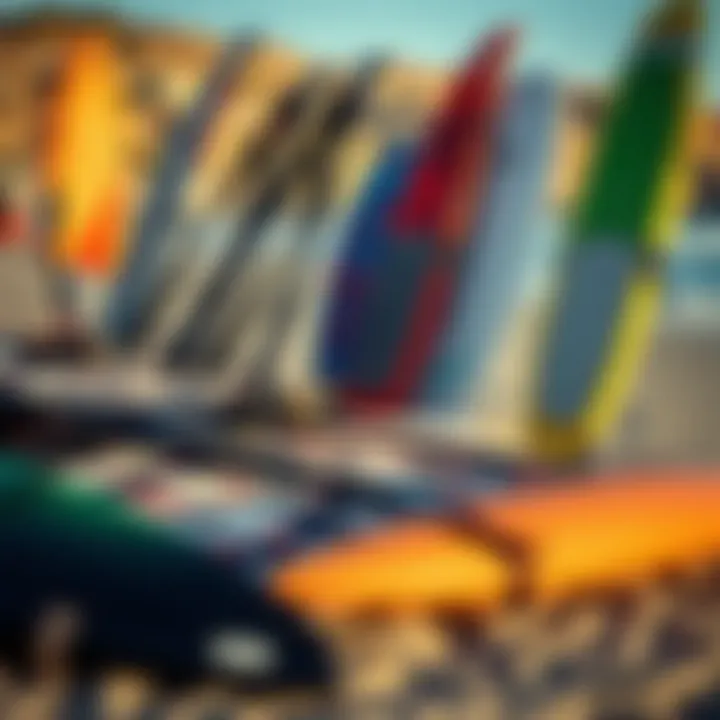 An array of wing foiling gear displayed on the beach, showcasing different types of wings and boards.