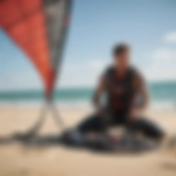 A kiteboarder adjusting the fit of their used equipment on the beach