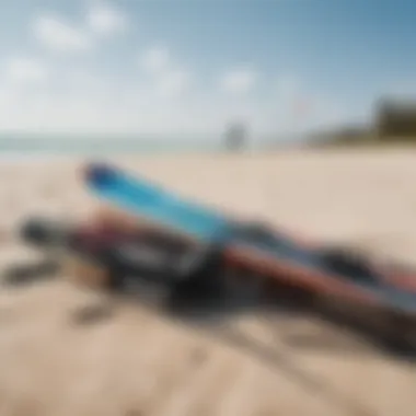 A colorful array of kiteboarding gear laid out on the sandy beach.