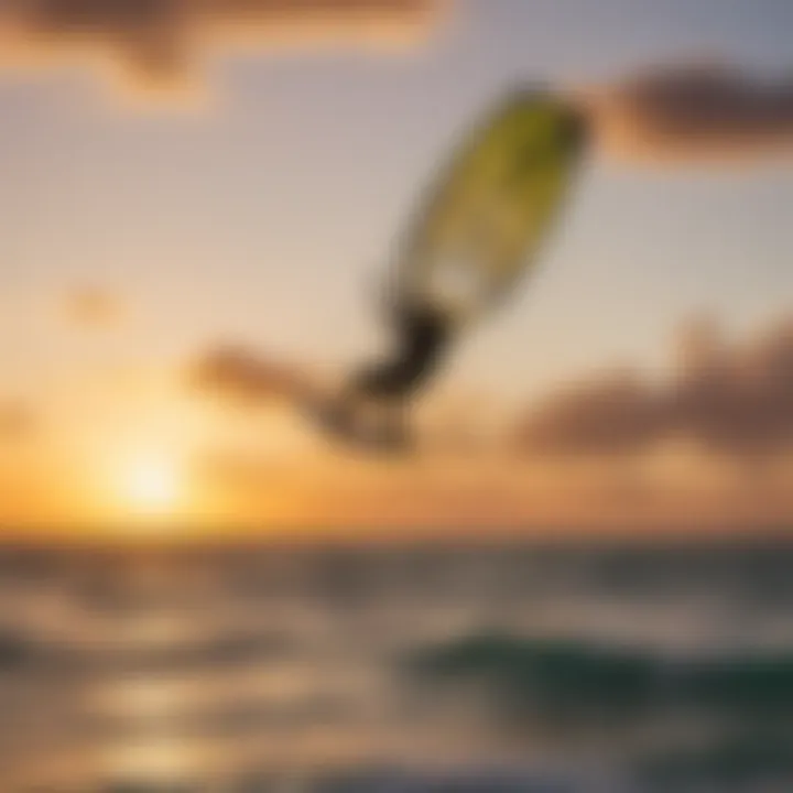 A breathtaking sunset with kiteboarders silhouetted against the sky.