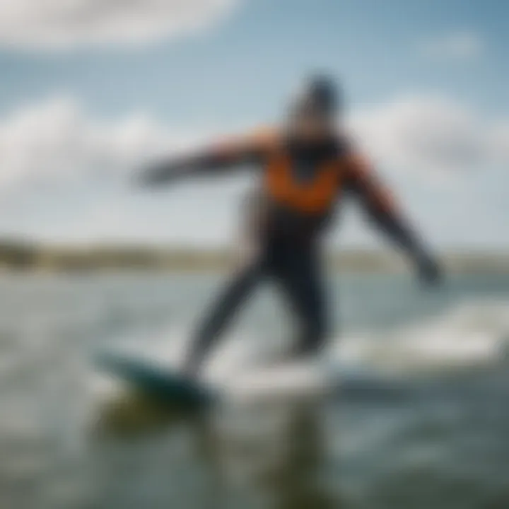 Kiteboarder wearing the Mustang Hudson Drysuit in action on the water