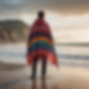 A vibrant changing poncho displayed against a scenic beach background