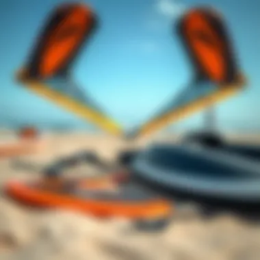 A close-up of wing surfing gear laid out on the beach