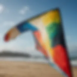 A close-up of a used kiteboarding kite showcasing its fabric and stitching quality.