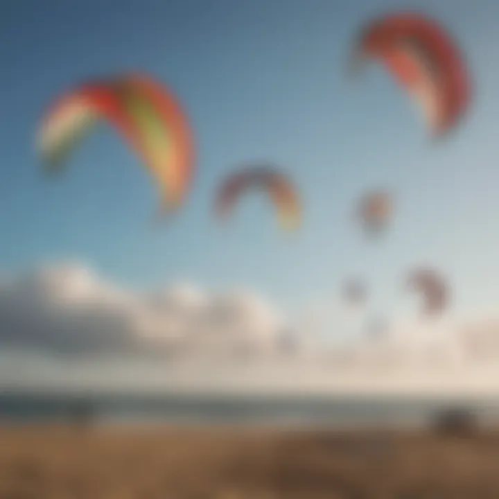 A collection of used kiteboarding kites arranged neatly for sale.