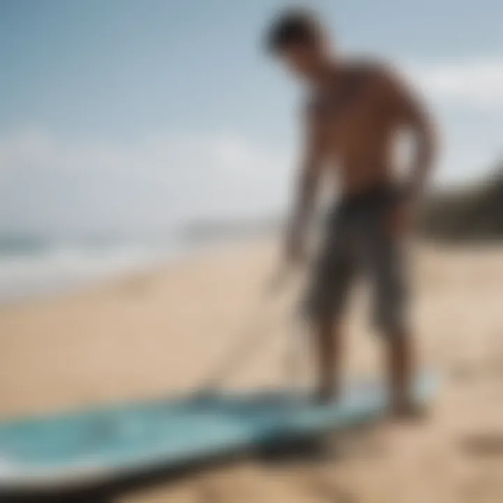 A person inspecting the condition of a kite board before buying.