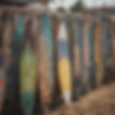 An array of used kite boards displayed at a vibrant market.