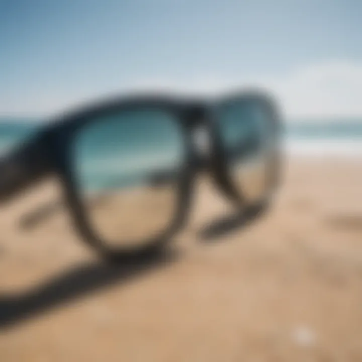 Close-up of sunglasses with polarized lens on a beach