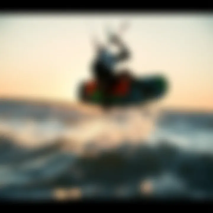 Close-up of kiteboarder launching from beach