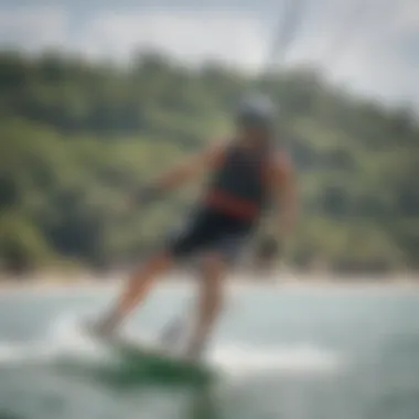 An overview of a kiteboarding training session in a scenic location