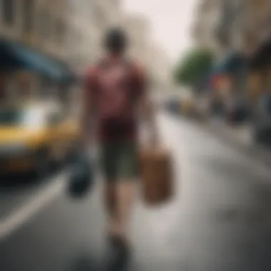 A surfer traveling with a boardbag on a busy street.