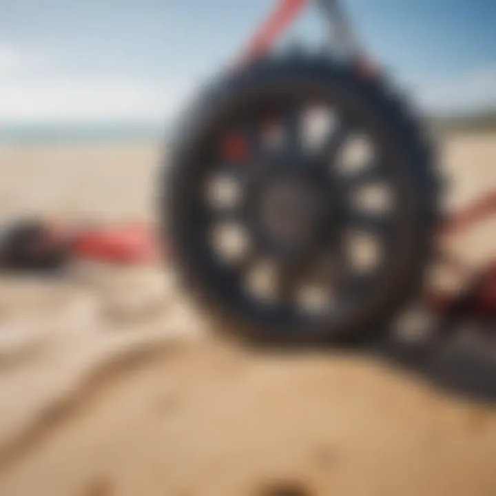 A close-up of kitesurfing gear laid out on the sand