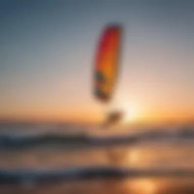 A breathtaking view of kitesurfers riding waves at sunset