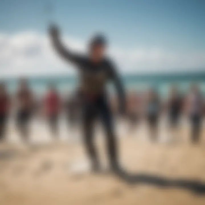 A kitesurfer interacting with fans and aspiring athletes at a competition