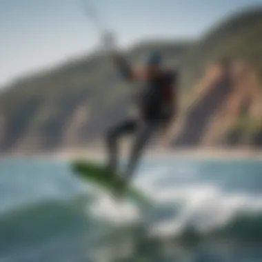 A kiteboarder riding a non-electric hydrofoil board over waves