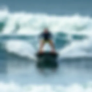 A power surfboard in action on the waves, highlighting the lift generated by the hydrofoil beneath the water surface.