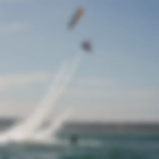 Kiteboarder performing a rocket air maneuver in mid-air