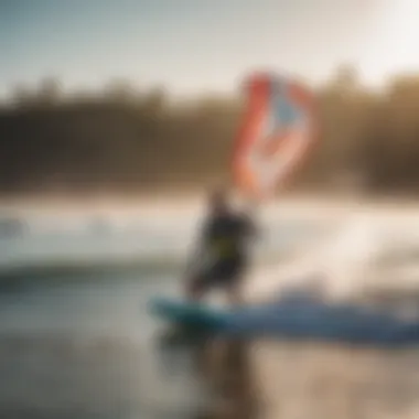 A kiteboarder using an inflation pump in a serene beach setting