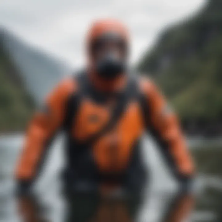 An illustration of a drysuit highlighting its sealed seams and waterproof features.