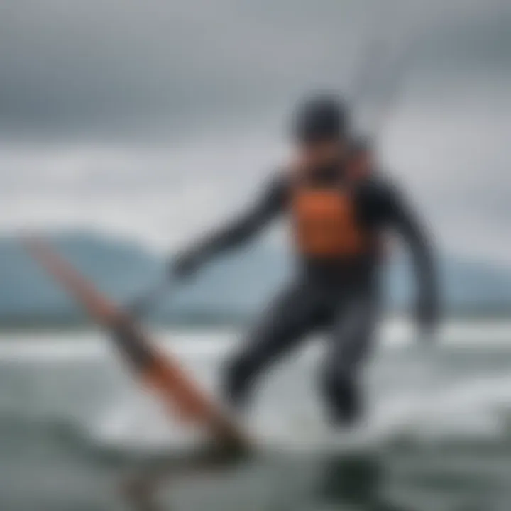 A kiteboarder navigating cold waters, equipped with a drysuit for insulation.