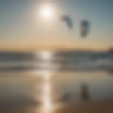 A serene beach scene featuring hydro foil kites set up for a thrilling kiteboarding session.