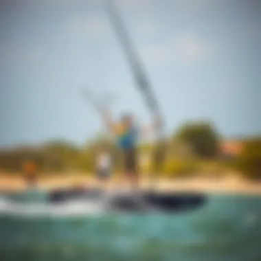 Kiteboarding with Hydrofoils Kiteboarder with hydrofoil gear preparing for a session