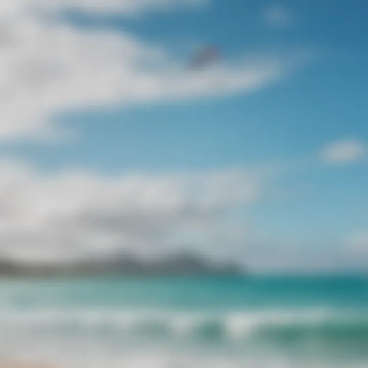 A scenic view of Kailua beach with kites soaring in the sky