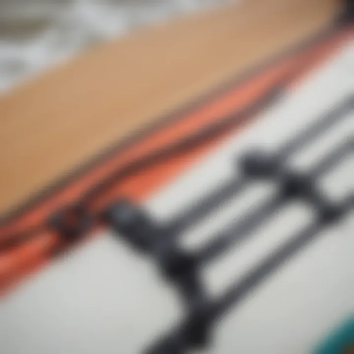 Kiteboarding safety straps displayed on surfboard