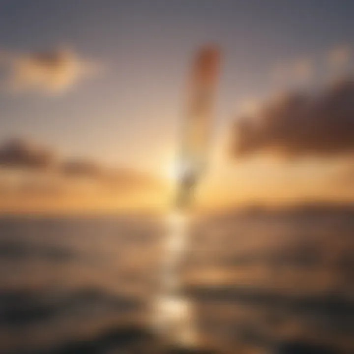 A tranquil sunset scene showcasing a kiteboarder gliding across the water