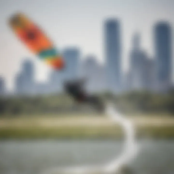 A kite soaring high against the Dallas skyline