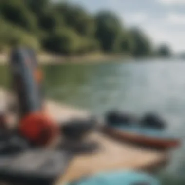 Kiteboarding gear setup beside a Dallas waterfront