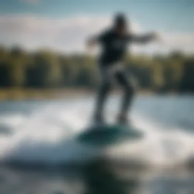 A wakeboarding scene with a rider gliding above the water on a wake foil