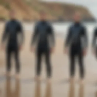 Diverse wetsuit types displayed on a beach