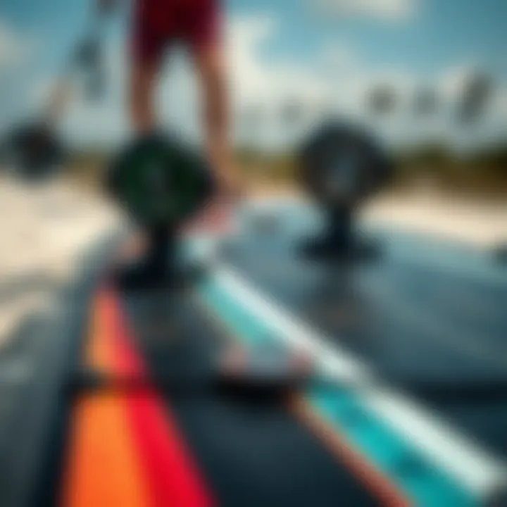 Close-up of a kiteboard with wind direction indicators