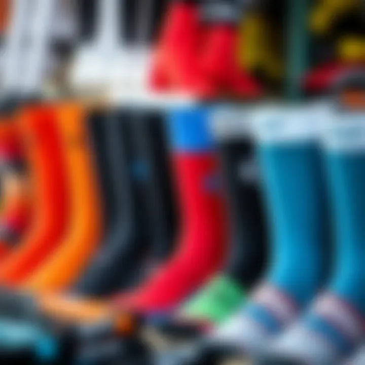 Array of neoprene surf socks in various sizes and colors displayed together