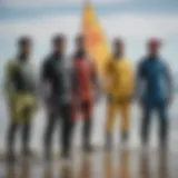 A variety of windsurfing dry suits displayed