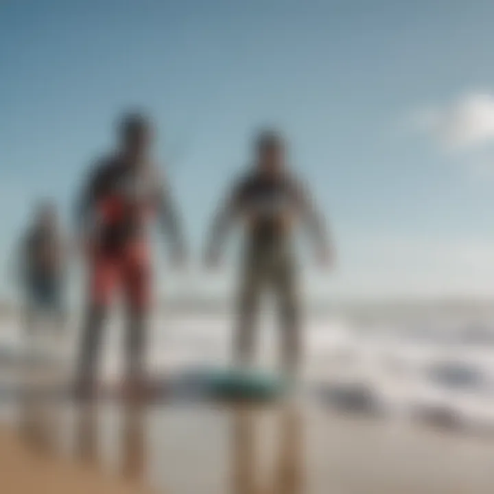 Group of kiteboarders sharing tips and techniques on the beach